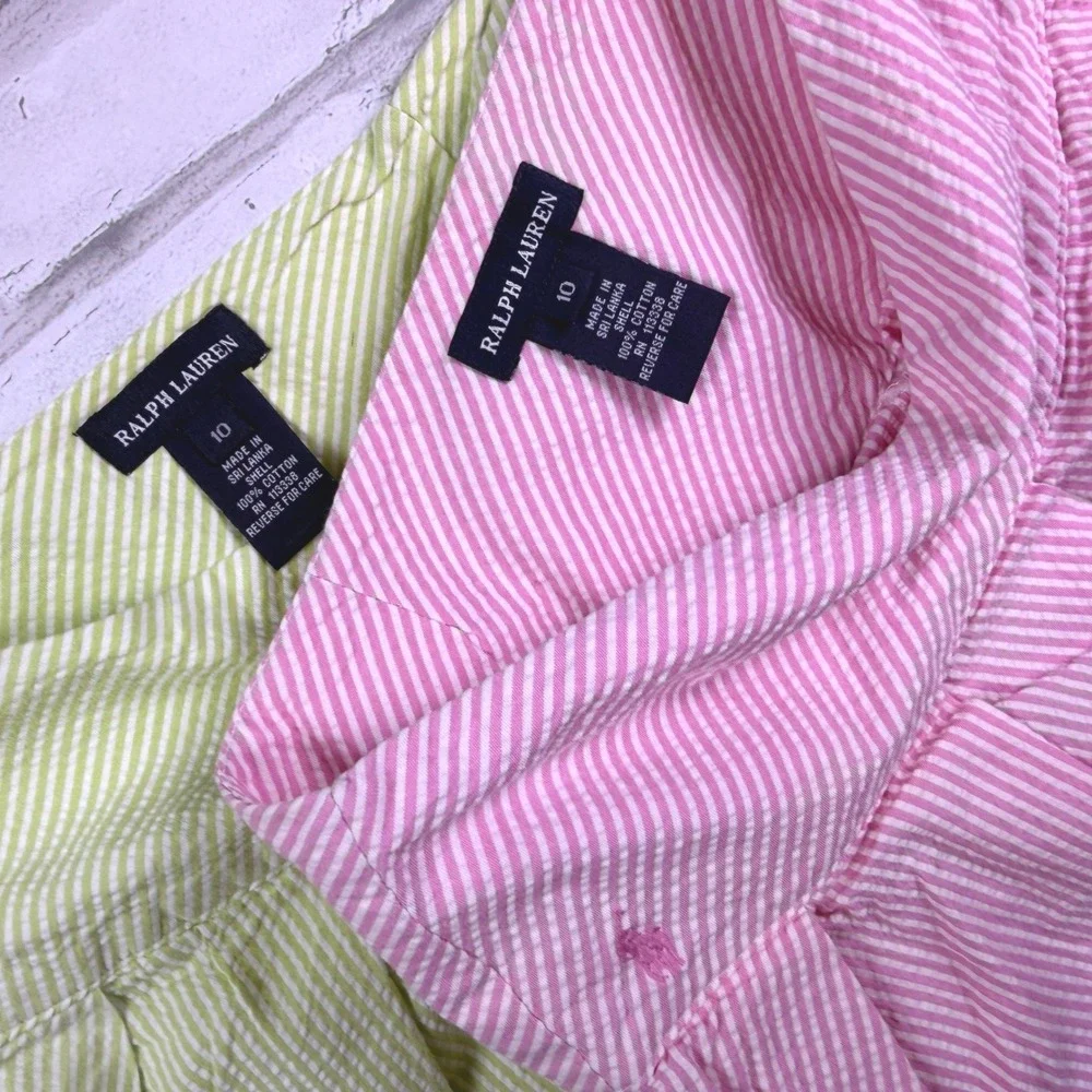 Ralph Lauren Seersucker Skirts Girls 10 Pink Green Striped Pleated Set EUC